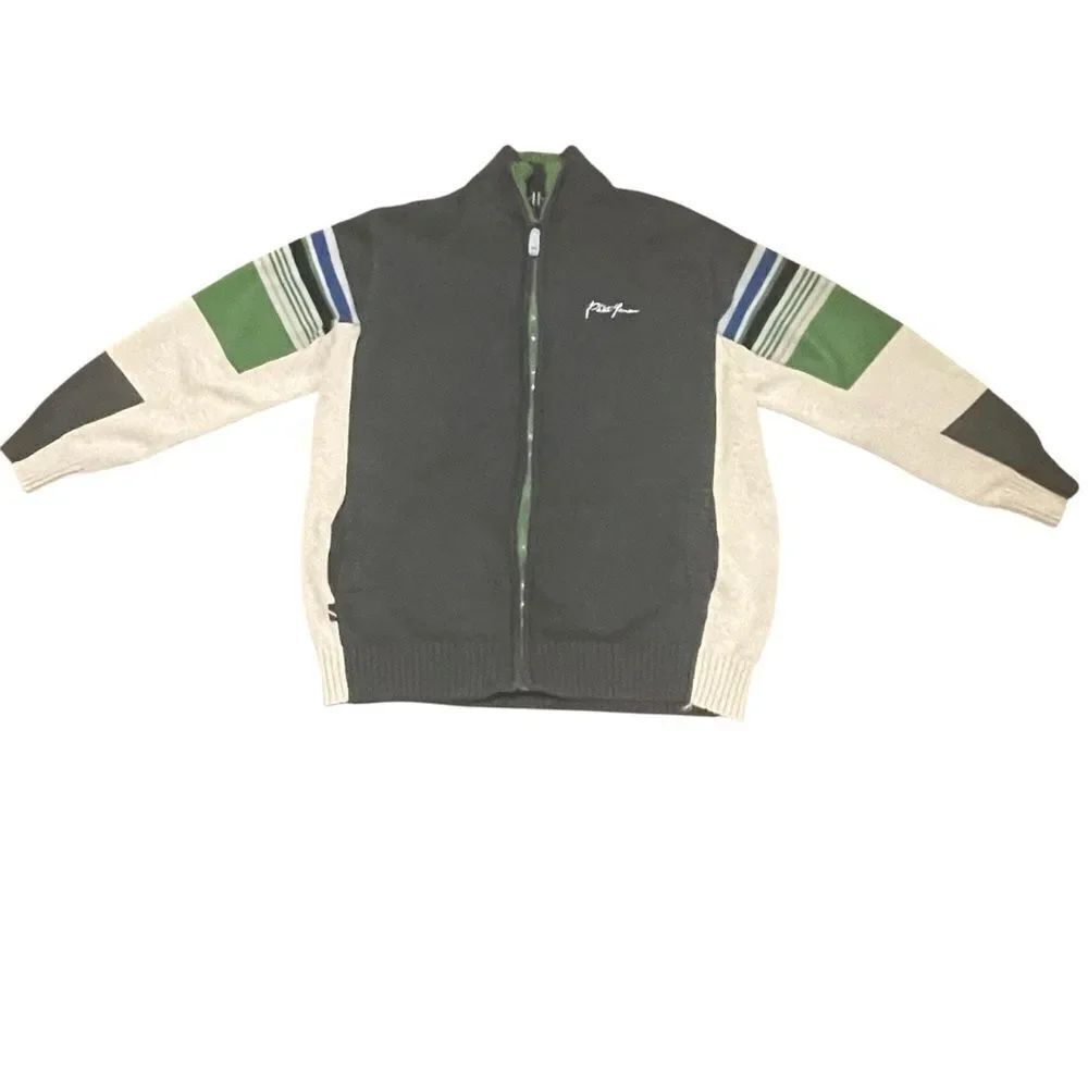 Vintage Phat Farm Men’s Zip Up Long Sleeve Sweater Cream Gray Green Blue Size XL